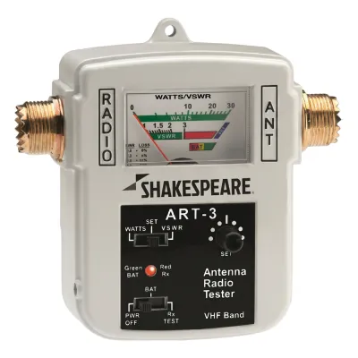 Probador de Antena y Radio SHAKESPEARE ART-3 / Mide Recepción, Potencia y VSWR / 155-158 MHz / Escala 0-30 W / Conectores SO-239 / Portátil a Batería 12 V