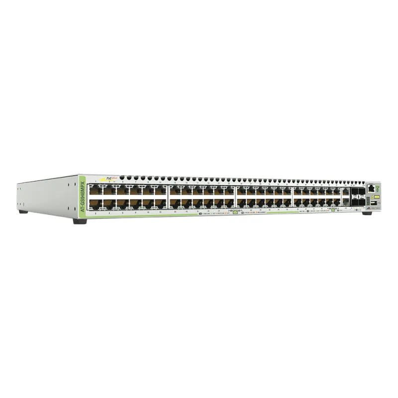 Switch PoE+ Stackeable Capa 3, 48 puertos 10/100/1000 Mbps + 2 puertos SFP Combo + 2 puertos SFP+ 10 G Stacking, 370 W