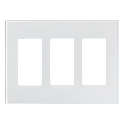 Placa frontal de cristal de 3 espacios para atenuadores, teclados y controles Pico Lutron con apertura tipo Designer, sin tornillos visibles, cristal claro con pintura blanca