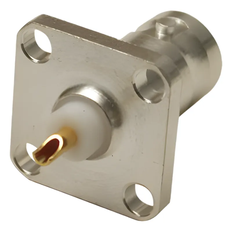 Conector BNC Hembra para Chasis, 4 Perforaciones con 12.7 mm, Plata/ Oro/ Teflón.
