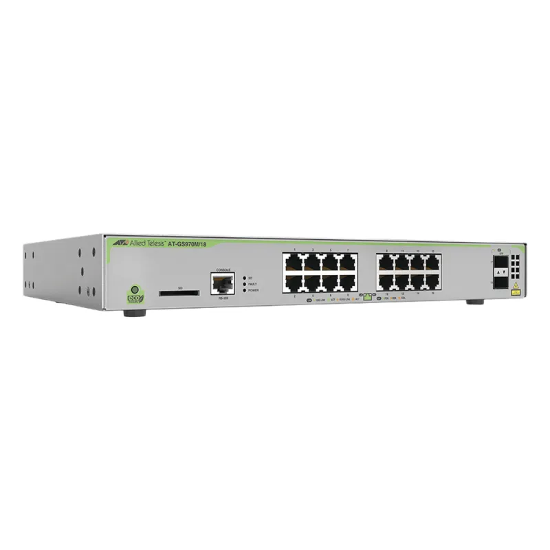 Switch PoE+ Administrable CentreCOM GS970M, Capa 3 de 16 Puertos 10/100/1000 Mbps + 2 SFP Gigabit, 247 W