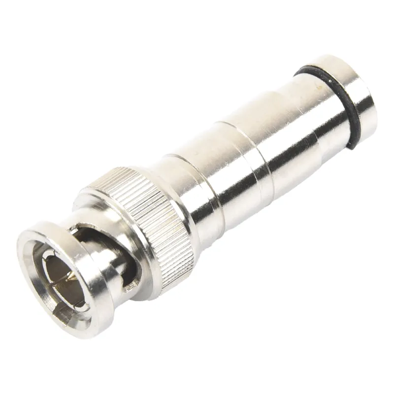 Conector BNC Macho en 75 Ohm, de Compresión Axial para Cable Coaxial RG-59/U, Níquel/ Oro/ Politetrafluoroetileno.