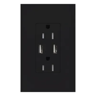 Tomacorriente de pared 15 A con dos puertos USB tipo A de 3.8 A para carga de dispositivos, resistente a manipulaciones, línea Satin Colors color Midnight