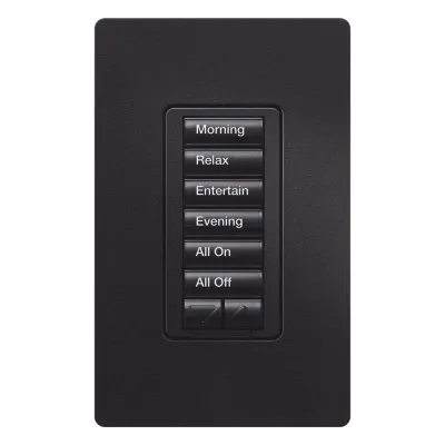 Teclado de pared seeTouch de 6 botones más subir y bajar, retroiluminado, para control de luces y cortinas por escenas en sistemas RadioRA 2, color negro