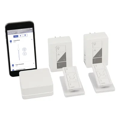 Kit de inicio Caseta Wireless: Smart Bridge, 2 atenuadores de clavija para lámparas, 2 controles Pico y 2 bases de mesa, compatible con Alexa, Apple HomeKit y Google
