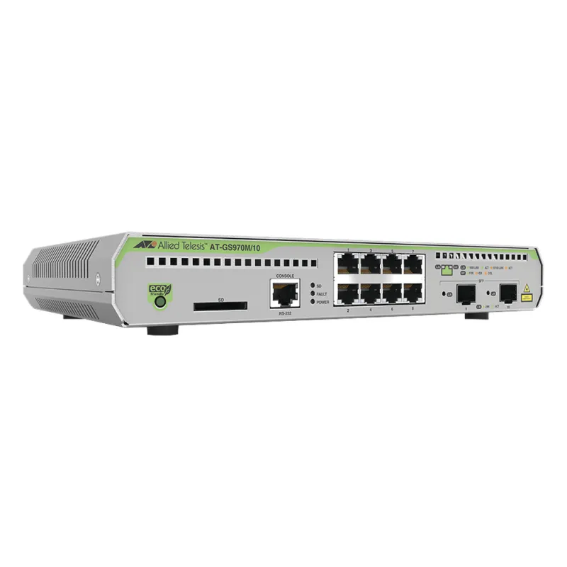 Switch Administrable CentreCOM GS970M, Capa 3 de 8 Puertos 10/100/1000 Mbps + 2 puertos SFP Gigabit