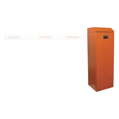 Barrera vehicular izquierda / Soporta brazo de hasta 3 m / Apertura en 1.5 s /Final de carrera ajustable por programación / Movimiento fluido / Diseño elegante color naranja