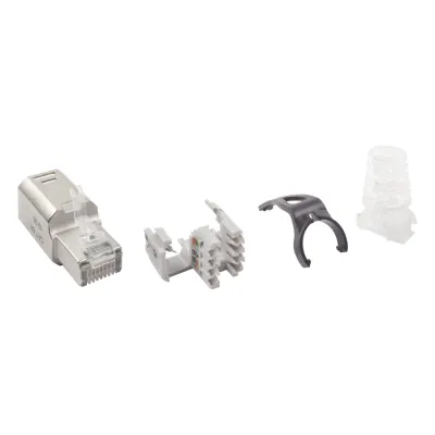 Plug RJ45 Cat6A Blindado, Terminación en Campo, Compatible con Todas las Categorías, con Clip Protector de Seguro