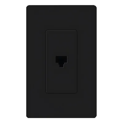 Salida telefónica sencilla RJ11 de 6 conductores estilo Claro, montaje al ras en apertura de placa tipo designer, color negro brillante