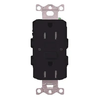 Tomacorriente GFCI autocomprobante de 15 A y 125 V, resistente a manipulaciones, con indicadores LED de estado y falla, color negro