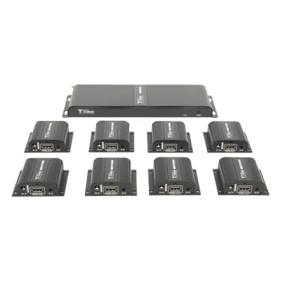 Kit Divisor y Extensor HDMI (Extender Splitter) / Divide 1 Fuente HDMI a 8 Pantallas / Extiende la señal HDMI hasta 40 m / Resolución 1080P @ 60 Hz / Cat 6/6a/7 / Uso 24/7 / Salida Loop en el Tx / IR / Alimente solo el Tx (PoC).