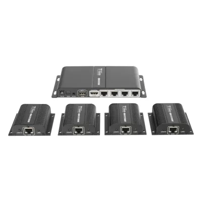 Kit Divisor y Extensor HDMI (Extender Splitter) / Divide 1 Fuente HDMI a 4 Pantallas / Extiende la señal HDMI hasta 40 m / Resolución 1080P @ 60 Hz / Cat 6/6a/7 / Cero Latencia / Salida Loop en el Tx / IR / Alimente solo el Tx (PoC).