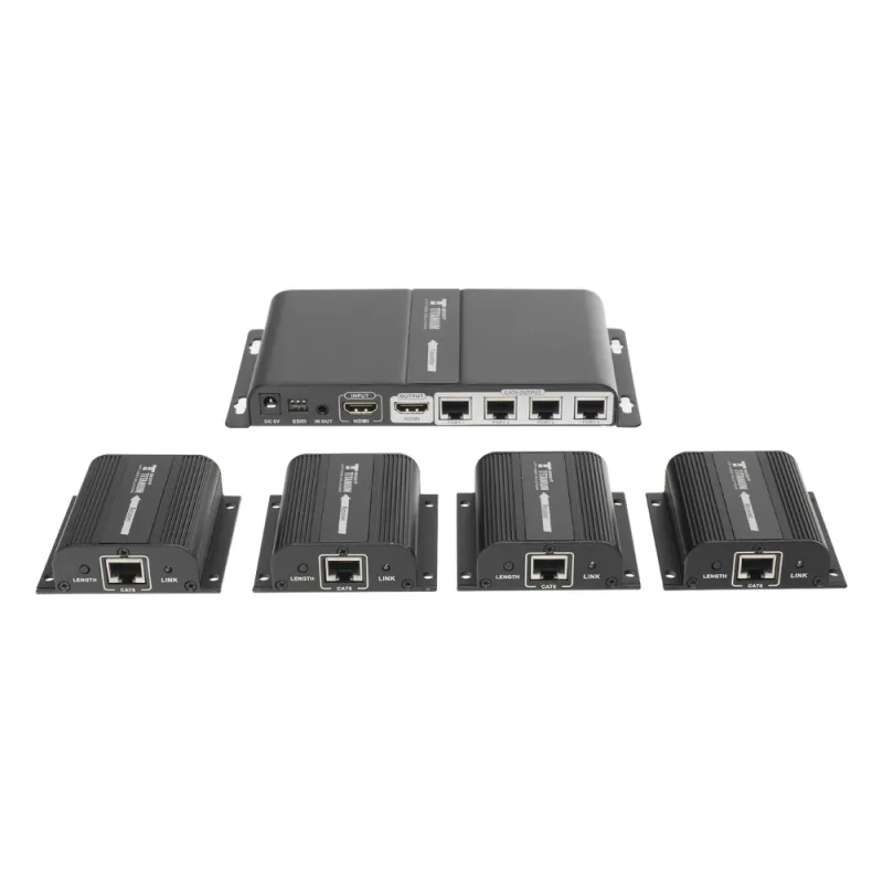 Kit Divisor y Extensor HDMI (Extender Splitter) / Divide 1 Fuente HDMI a 4 Pantallas / Extiende la señal HDMI hasta 40 m / Resolución 1080P @ 60 Hz / Cat 6/6a/7 / Cero Latencia / Salida Loop en el Tx / IR / Alimente solo el Tx (PoC).