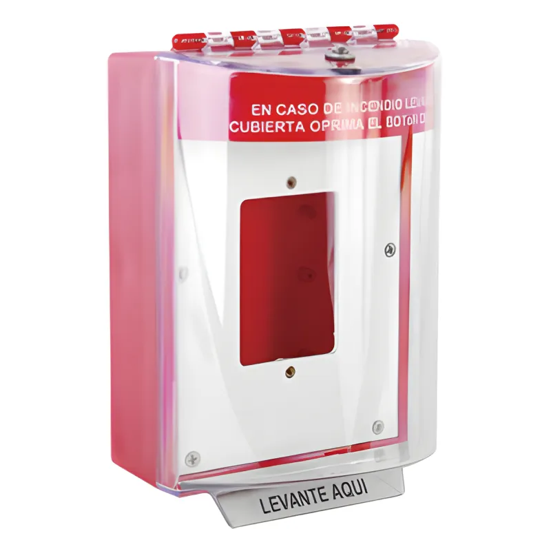 Cubierta Universal De Policarbonato Con Espaciador y Placa De Montaje Interna, Texto De Incendio En Español, Interior/Exterior, Serie Universal Stopper®
