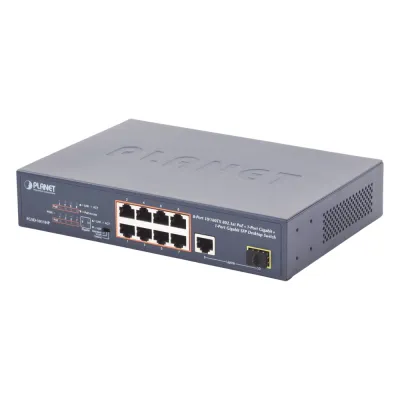 Switch no Administrable 8 puertos 10/100 PoE 802.3af/at 135W, 1 puerto Uplink 10/100/1000 y 1 SFP 100/1000 para escritorio