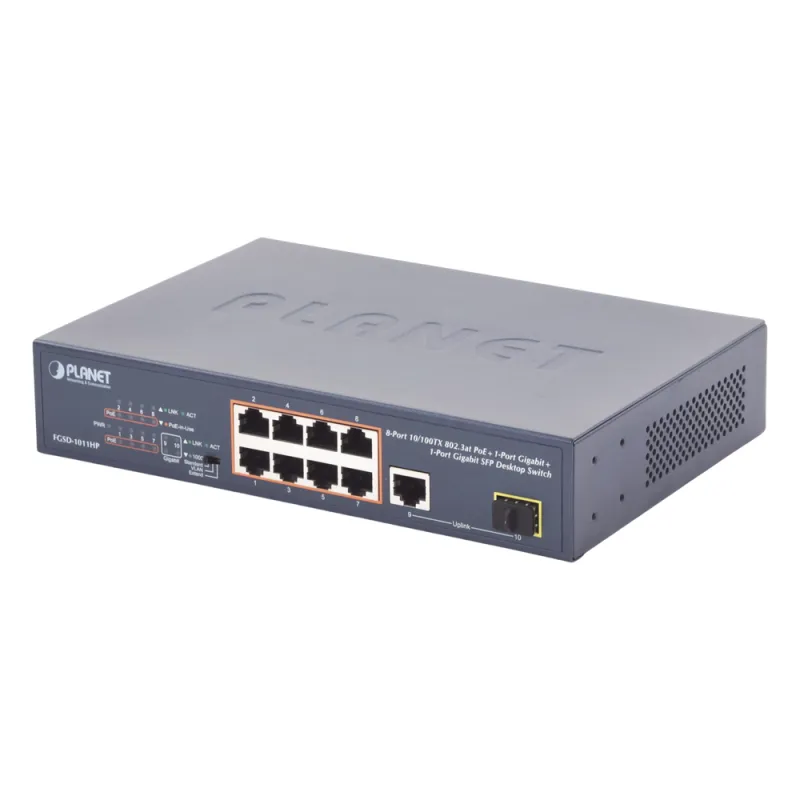 Switch no Administrable 8 puertos 10/100 PoE 802.3af/at 135W, 1 puerto Uplink 10/100/1000 y 1 SFP 100/1000 para escritorio