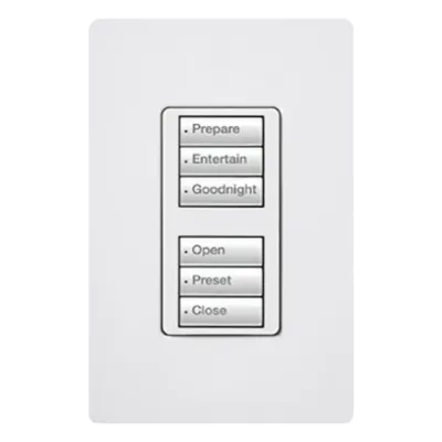 Botonera de pared con dos grupos de 3 botones retroiluminados para controlar luces, cortinas y escenas en el sistema RadioRA 2, requiere neutro, color blanco