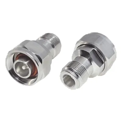 Adaptador en Línea, de N Hembra a (Mini) DIN 4.1-9.5 Macho, PIM -155 dBc, Bronce Blanco/ Plata/ Teflón.