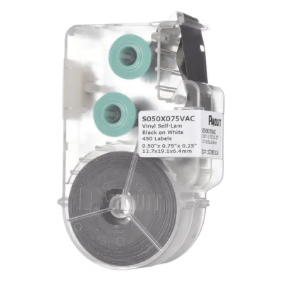 Casete de 450 Etiquetas Autolaminadas de 12.7 x 19.1 mm (0.5 x 0.75 pulgadas), para Cables de 2 a 4 mm (0.08 a 0.16 pulgadas) de Diámetro, Área de Impresión Color Blanco