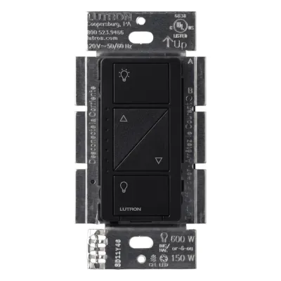 Atenuador de pared inteligente Caseta Wireless PRO de 120 V para 250 W LED/CFL, 1000 W incandescente/halógeno o 1000 VA MLV, neutro opcional, control con Pico y Smart Bridge, negro