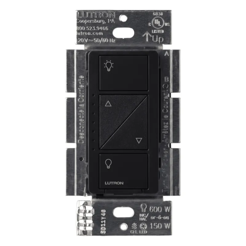 Atenuador de pared inteligente Caseta Wireless PRO de 120 V para 250 W LED/CFL, 1000 W incandescente/halógeno o 1000 VA MLV, neutro opcional, control con Pico y Smart Bridge, negro