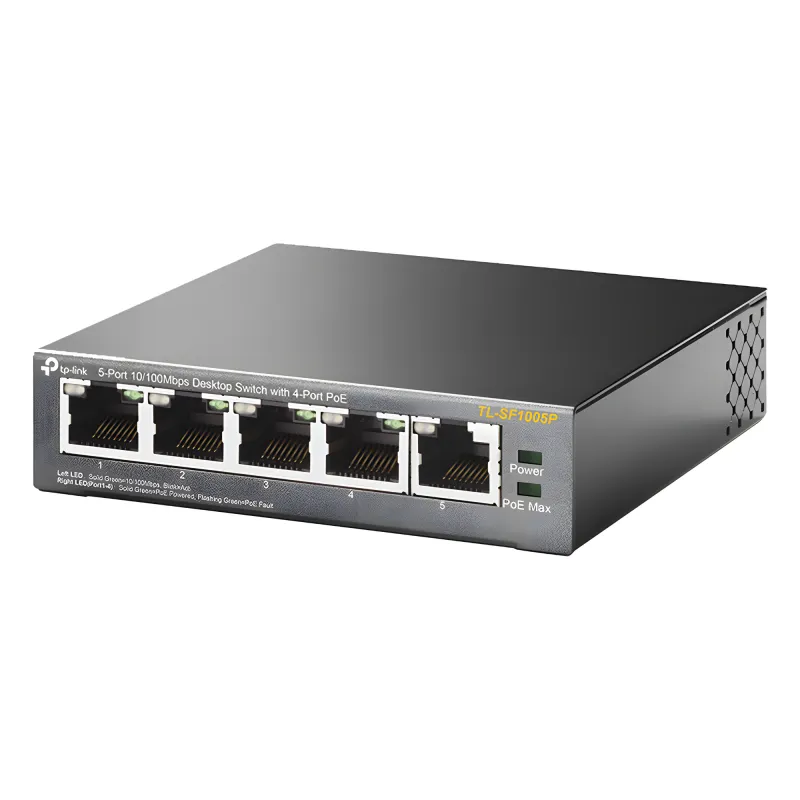 Switch PoE no Administrable de escritorio / 5 puertos 10/100 Mbps / 4 puertos PoE af/at / Presupuesto 67 W / Modo Extensor hasta 250 m / Calidad video prioritaria