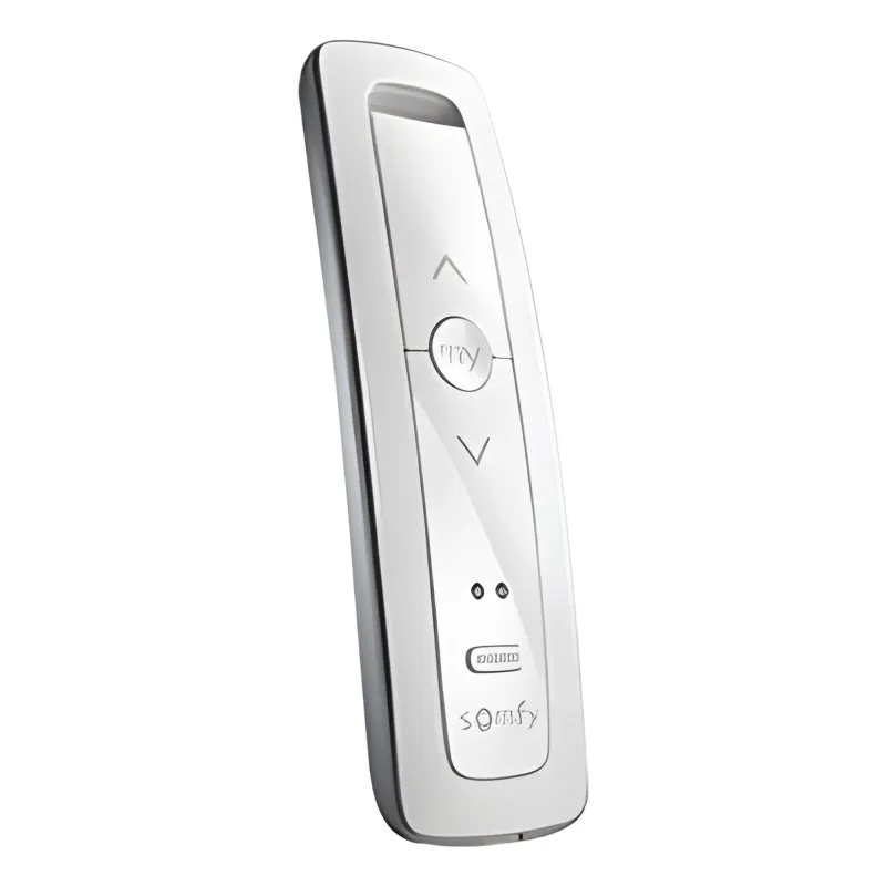 Control remoto 2 canales para motores de persiana Somfy con señal inalámbrica, instrucciones: sube, baja y detener, con posición favorita programada.