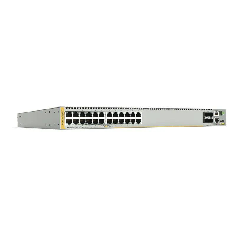 Switch Stackeable Capa 3, 24 puertos 10/100/1000 Mbps + 4 puertos SFP+ 10 G y dos bahías hotswap PSU, Versión Federal