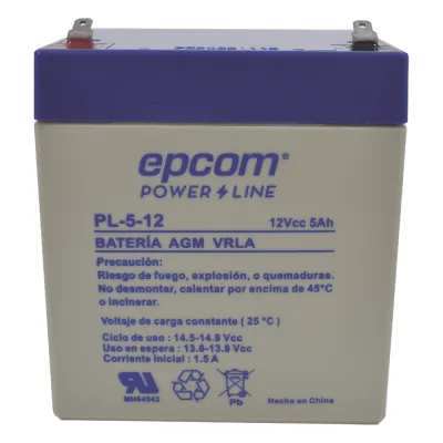 Batería 12 Vcc / 5 Ah / UL / Tecnología AGM-VRLA / Para uso en equipo electrónico Alarmas de intrusión / Incendio/ Control de acceso / Video Vigilancia / Terminales F1 / Cargador recomendado CHR-80.