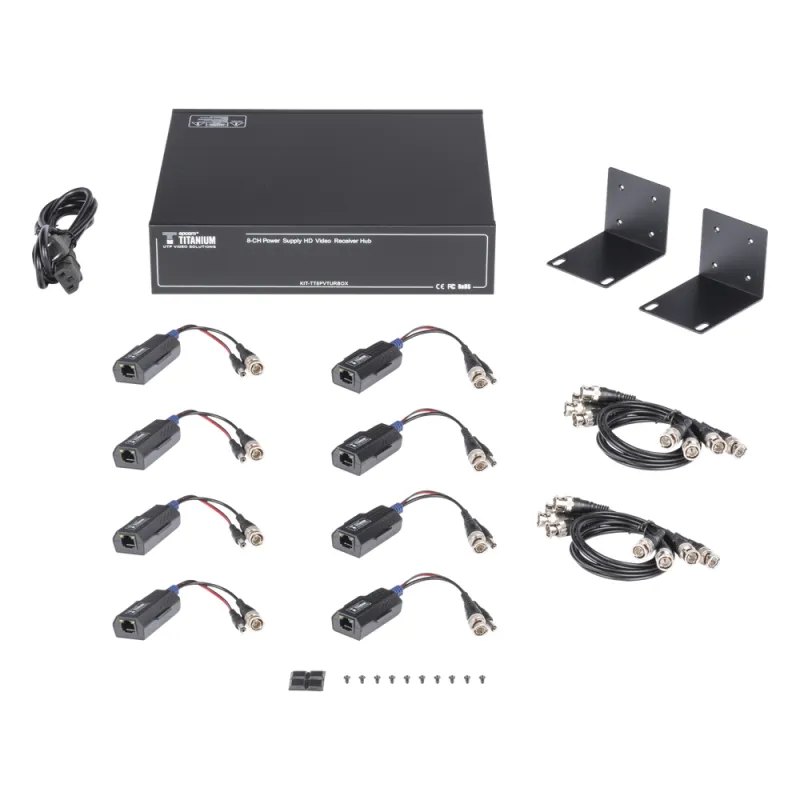 Kit de TRANSCEPTOR ACTIVO DE 8 CANALES / VIDEO+PODER en un solo Cable UTP / 150 metros en 4K, 200 metros en 5 MP/ Envía 36 Vcc y Recibe 12 Vcc / TODO INCLUIDO PARA RACK / Compatible con cámaras HD-TVI/CVI/AHD/CVBS / INSTALACIÓN LIMPIA