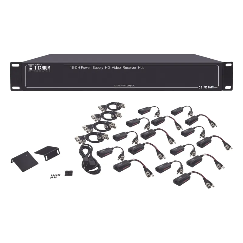 Kit de TRANSCEPTOR ACTIVO DE 16 Canales / VIDEO+PODER en un solo Cable UTP / 150m en 4K, 200m en 5 MP/ Envía 36 Vcc y recibe 12 Vcc / TODO INCLUIDO PARA RACK / Compatible con cámaras HD-TVI/CVI/AHD/CVBS / Instalación Limpia