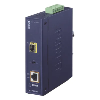 Convertidor de Medios PoE Industrial, Puerto SFP 1000BASE-SX/LX a Puerto RJ45 Gigabit con Salida PoE 802.3at (Hasta 30 W).