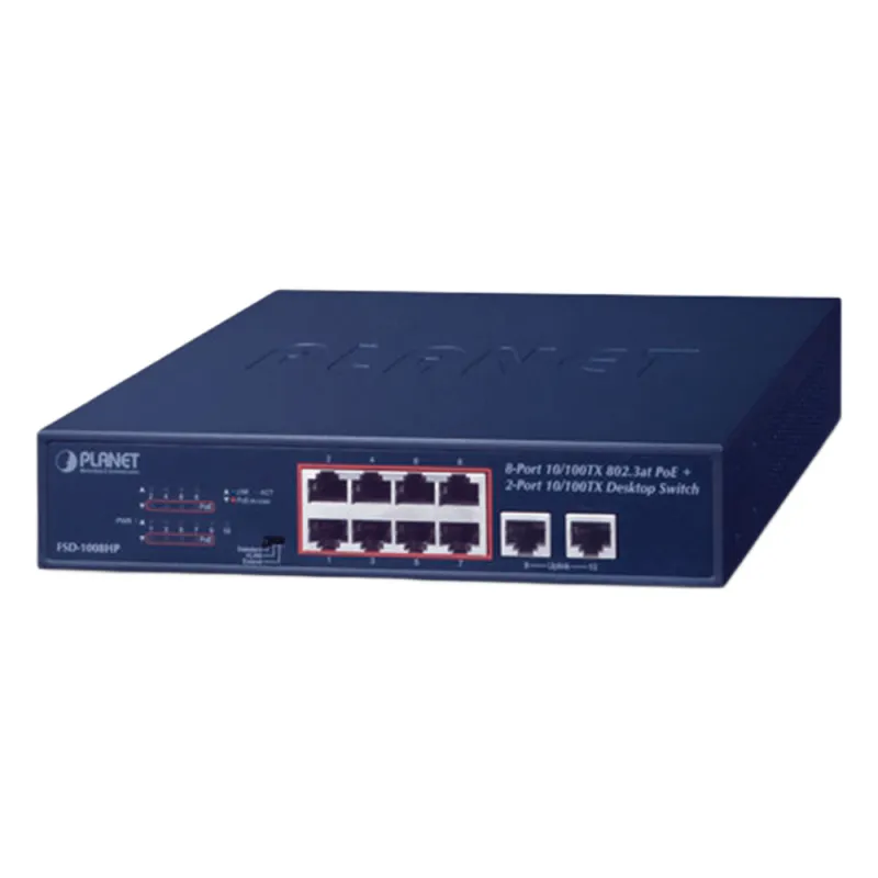 Switch de Escritorio de 8 Puertos 10/100TX 802.3at PoE+ / 2 Puertos 10/100TX / 120W PoE Budget / Modos Standard, VLAN y Extendido / Distancia Extendida Hasta 250m