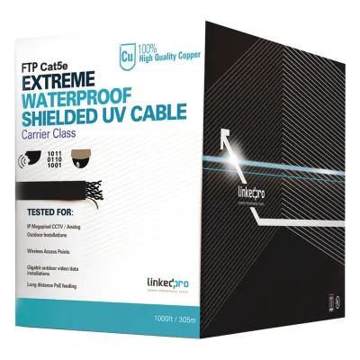 Cable UTP Categoría 5e para Exterior / 24AWG 4 Pares / Conductor Cobre Desnudo / Cubierta LDPE Negra Resistente a Rayos UV / Relleno Anti-Humedad PE Tap Compound / Soporte PoE IEEE 802.3at y Gigabit Ethernet / 1000 ft (304.8 m)