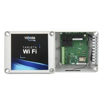 Modulo WIFI con gabinete para uso en Energizadores YONUSA/Aplicación sin costo/Activación Remota de 4 salidas tipo Relay con alta capacidad.
