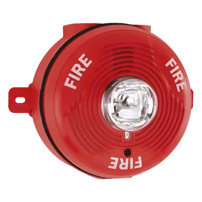 Sirena con Lámpara Estroboscópica para Exterior, Montaje en Techo, Nivel de Candelas Seleccionable, Color Rojo