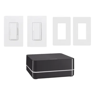 Kit de control de iluminación RA2 Select con repetidor principal, atenuador de 600 W, interruptor de 8 A y dos placas Claro, control desde la app Lutron y asistentes de voz