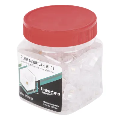 Bote con 100 Piezas de Plug Modular Tipo RJ11 de 4 Contactos Chapado de Oro a 50 Micras
