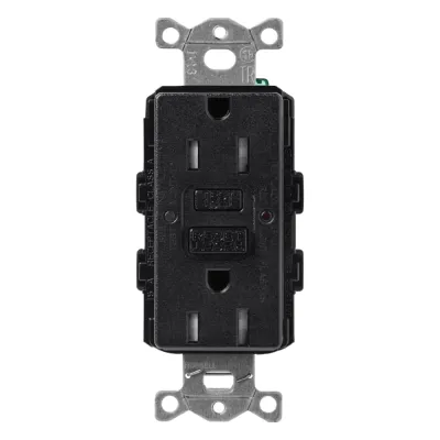 Tomacorriente dúplex GFCI autocomprobante de 15 A 125 V resistente a manipulaciones, color Midnight satinado, para placas de apertura tipo designer Claro y Satin Colors