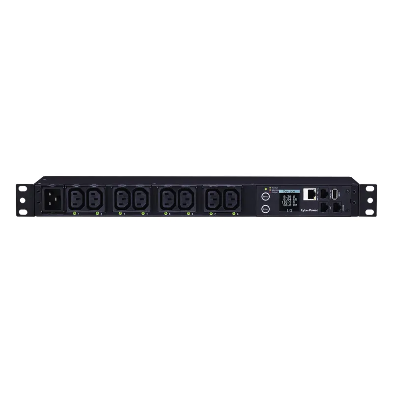 PDU Switchable y Monitoreable por Toma, para Distribución de Energía, Entrada 200-240 Vca NEMA L6-20P, Con 8 Salidas C13, Horizontal 19in, 2UR