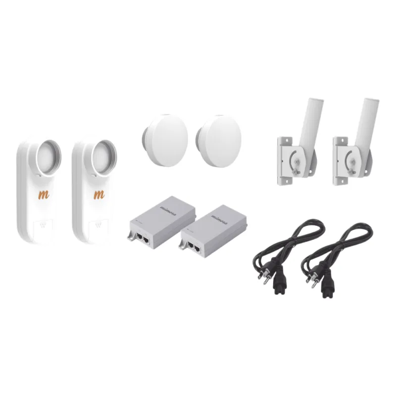 Kit de 2 radios C5X con 2 antenas de (12 dBi), rango de frecuencia extendida (4.9 a 6.4 GHz), incluye inyector POE, cable de alimentación y 2 FLEXIMOUNT-XL para alineación, distancia de hasta 3 km