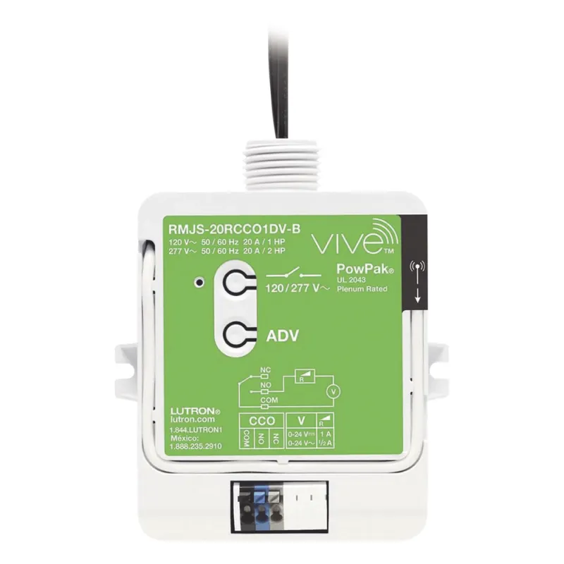 Módulo de relevador inalámbrico PowPak de 20 A para control de receptáculos, con salida de contacto seco para HVAC, compatible con controles Pico y hub Vive