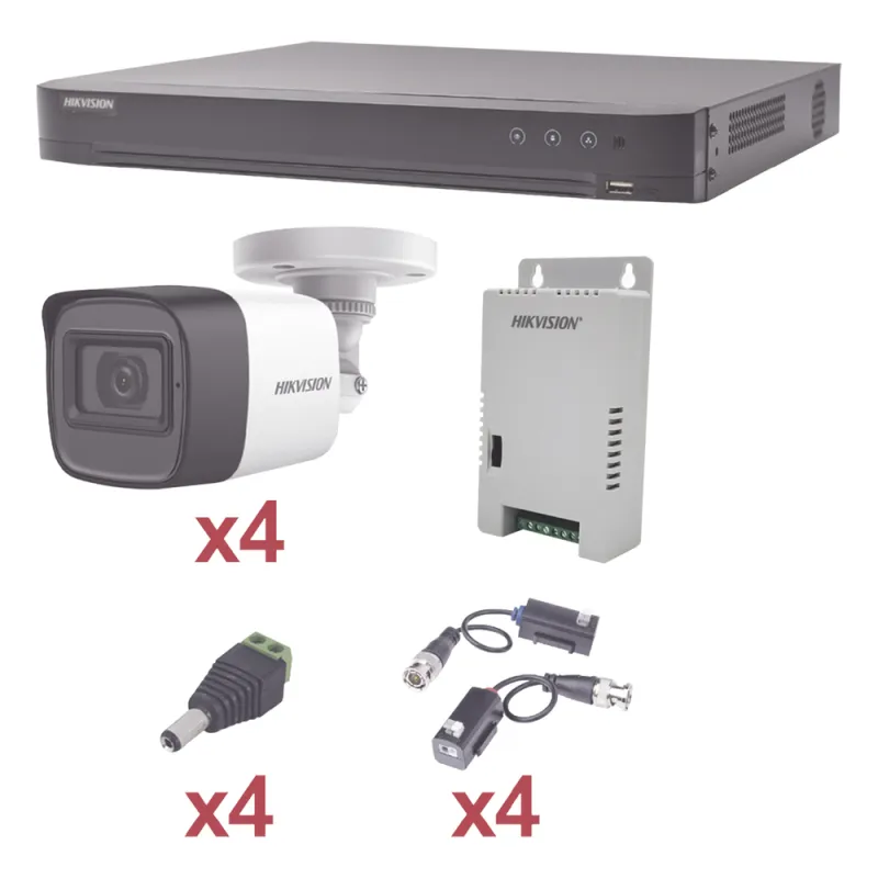 KIT TurboHD 1080p / DVR 4 Canales / 4 Cámaras Bala (exterior 2.8 mm) / Transceptores / Conectores / Fuente de Poder Profesional