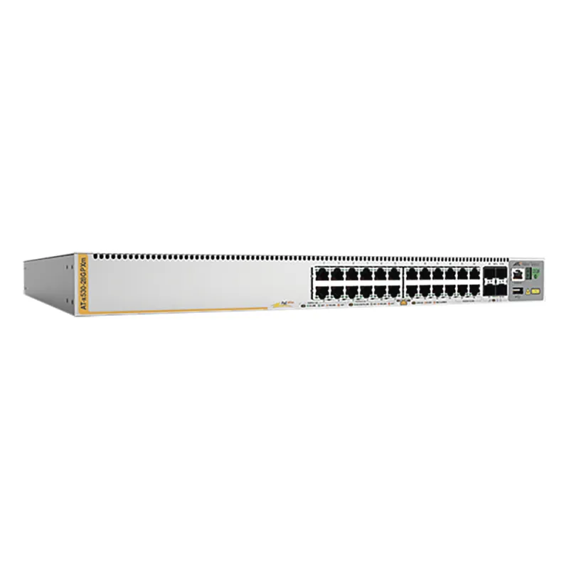 Switch PoE+ Stackeable Capa 3, 20 puertos 10/100/1000 Mbps + 4 x 100M/1G/2.5/5G-T + 4 puertos SFP+ 10 G, hasta 740 W, fuente redundante