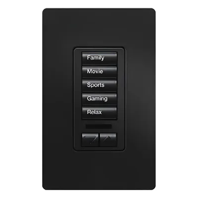 Teclado de pared para RadioRA 2 con 5 botones programables y par de botones subir/bajar, retroiluminado y grabable, para control de iluminación y cortinas, color Midnight