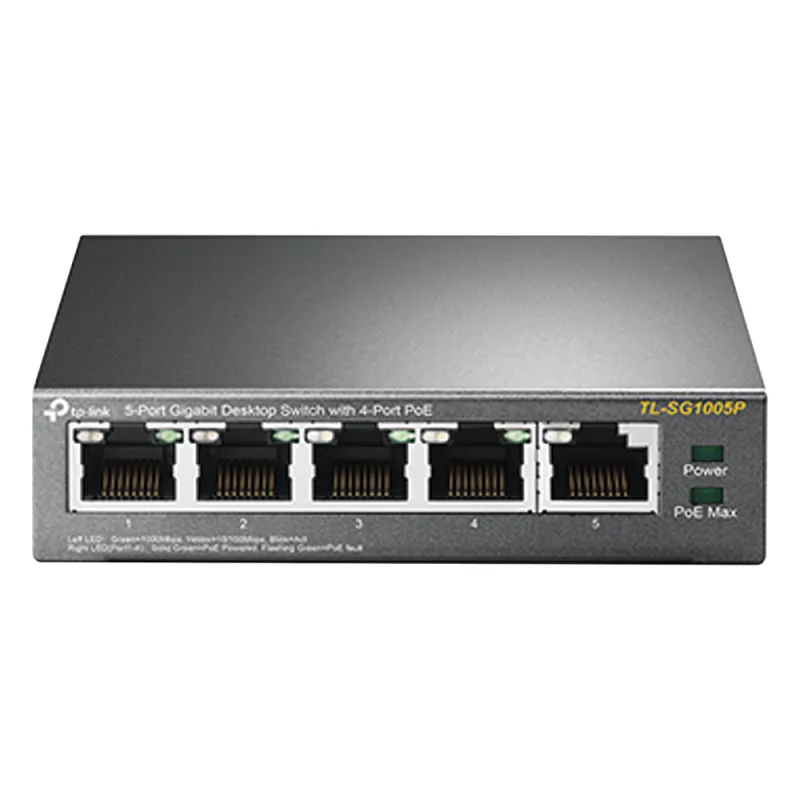 Switch Escritorio No Administrable de 5 puertos 10/100/1000 Mbps / Con 4 puertos PoE 802.3af/at de hasta 65 W / PoE Extendido hasta 250 metros