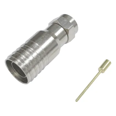 Conector F Macho en 75 Ohm, Plegable para Instalar en Cables Coaxiales RG-11, Cuerpo de Bronce-Niquelado/ Teflón.