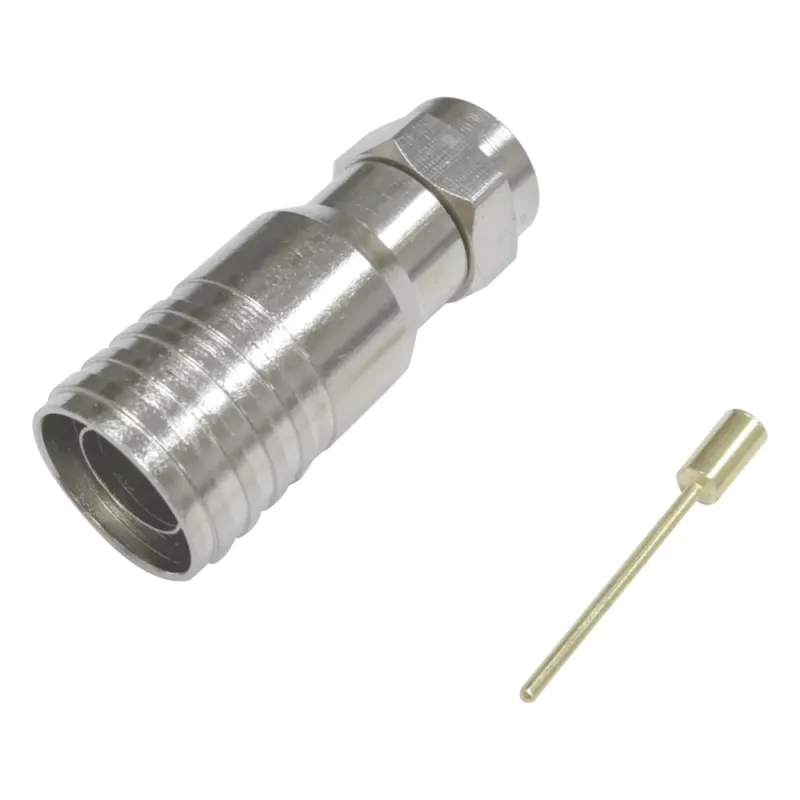 Conector F Macho en 75 Ohm, Plegable para Instalar en Cables Coaxiales RG-11, Cuerpo de Bronce-Niquelado/ Teflón.