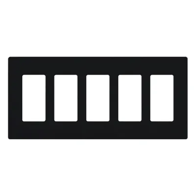 Placa de pared Claro de 5 espacios (gangs) sin tornillos visibles, acabado brillante, para atenuadores, apagadores y controles Pico de Lutron, color negro
