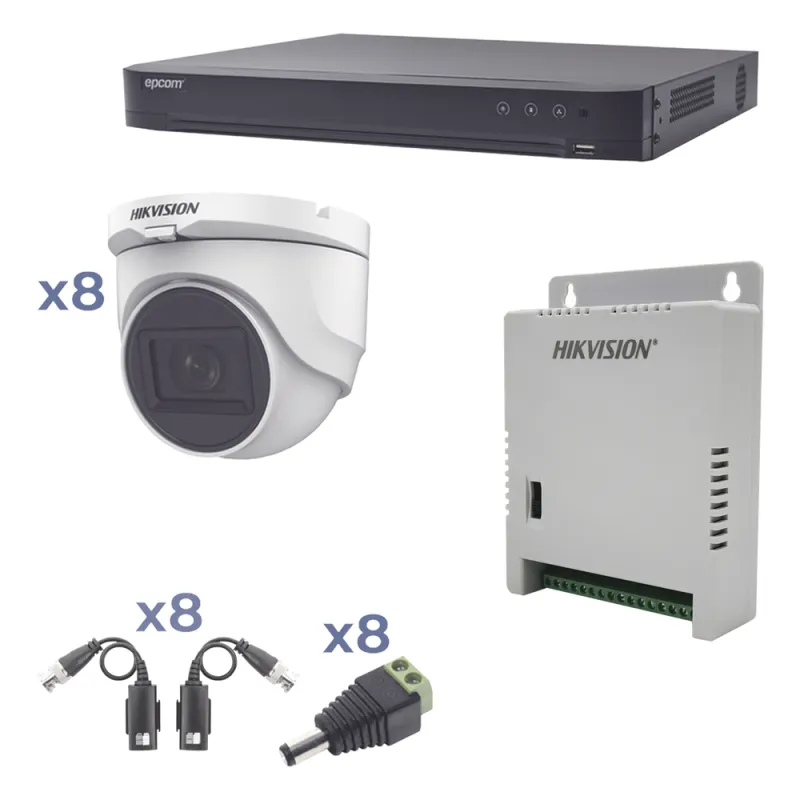 Kit TURBOHD 1080p / DVR 8 Canales / 8 Cámaras Turret (exterior 2.8 mm) / Conectores / Transceptores / Fuente de Poder Profesional hasta 15 Vcc para Larga Distancia